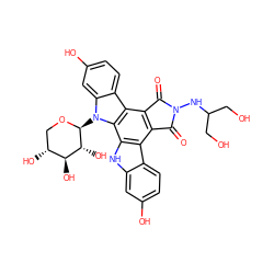 O=C1c2c(c3c4ccc(O)cc4n([C@@H]4OC[C@@H](O)[C@H](O)[C@H]4O)c3c3[nH]c4cc(O)ccc4c23)C(=O)N1NC(CO)CO ZINC000027418130