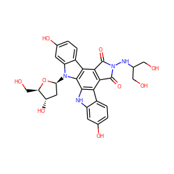 O=C1c2c(c3c4ccc(O)cc4n([C@H]4C[C@H](O)[C@@H](CO)O4)c3c3[nH]c4cc(O)ccc4c23)C(=O)N1NC(CO)CO ZINC000027421897