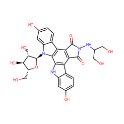 O=C1c2c(c3c4ccc(O)cc4n([C@H]4O[C@H](CO)[C@@H](O)[C@@H]4O)c3c3[nH]c4cc(O)ccc4c23)C(=O)N1NC(CO)CO ZINC000027408618