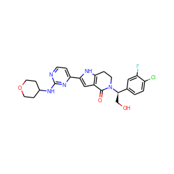 O=C1c2cc(-c3ccnc(NC4CCOCC4)n3)[nH]c2CCN1[C@H](CO)c1ccc(Cl)c(F)c1 ZINC001772650407