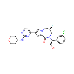 O=C1c2cc(-c3ccnc(NC4CCOCC4)n3)cn2C[C@@H](F)CN1[C@H](CO)c1cccc(Cl)c1 ZINC000473130929