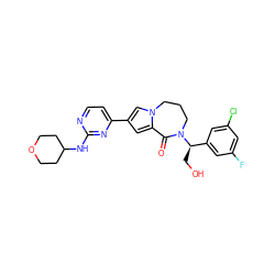 O=C1c2cc(-c3ccnc(NC4CCOCC4)n3)cn2CCCN1[C@H](CO)c1cc(F)cc(Cl)c1 ZINC000473129181