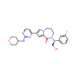 O=C1c2cc(-c3ccnc(NC4CCOCC4)n3)cn2CCCN1[C@H](CO)c1cccc(Cl)c1 ZINC000263620666