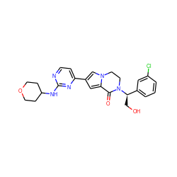 O=C1c2cc(-c3ccnc(NC4CCOCC4)n3)cn2CCN1[C@H](CO)c1cccc(Cl)c1 ZINC000263620888