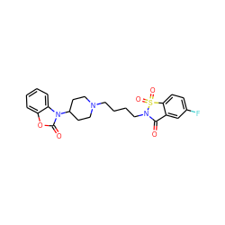 O=C1c2cc(F)ccc2S(=O)(=O)N1CCCCN1CCC(n2c(=O)oc3ccccc32)CC1 ZINC000026503012