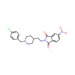 O=C1c2ccc([N+](=O)[O-])cc2C(=O)N1CCC1CCN(Cc2ccc(Cl)cc2)CC1 ZINC000003814219