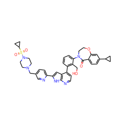 O=C1c2ccc(C3CC3)cc2OCCN1c1cccc(-c2ccnc3[nH]c(-c4ccc(CN5CCN(S(=O)(=O)C6CC6)CC5)cn4)cc23)c1CO ZINC001772606255