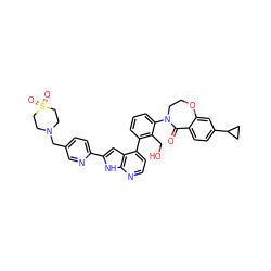 O=C1c2ccc(C3CC3)cc2OCCN1c1cccc(-c2ccnc3[nH]c(-c4ccc(CN5CCS(=O)(=O)CC5)cn4)cc23)c1CO ZINC001772656118