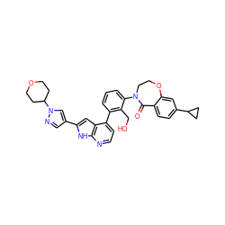 O=C1c2ccc(C3CC3)cc2OCCN1c1cccc(-c2ccnc3[nH]c(-c4cnn(C5CCOCC5)c4)cc23)c1CO ZINC000224765307