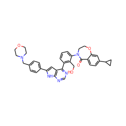 O=C1c2ccc(C3CC3)cc2OCCN1c1cccc(-c2ncnc3[nH]c(-c4ccc(CN5CCOCC5)cc4)cc23)c1CO ZINC000205662877