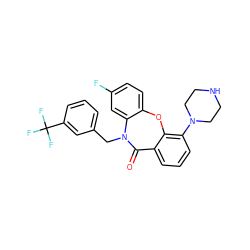 O=C1c2cccc(N3CCNCC3)c2Oc2ccc(F)cc2N1Cc1cccc(C(F)(F)F)c1 ZINC000035834069