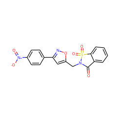 O=C1c2ccccc2S(=O)(=O)N1Cc1cc(-c2ccc([N+](=O)[O-])cc2)no1 ZINC000103243892