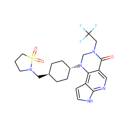 O=C1c2cnc3[nH]ccc3c2N([C@H]2CC[C@H](CN3CCCS3(=O)=O)CC2)CN1CC(F)(F)F ZINC001772617197