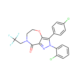 O=C1c2nn(-c3ccccc3Cl)c(-c3ccc(Cl)cc3)c2OCCN1CC(F)(F)F ZINC000038347748