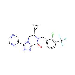 O=C1c2nnc(-c3cnccn3)n2C[C@H](C2CC2)N1Cc1cccc(C(F)(F)F)c1Cl ZINC000219206644