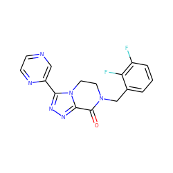 O=C1c2nnc(-c3cnccn3)n2CCN1Cc1cccc(F)c1F ZINC000219145875