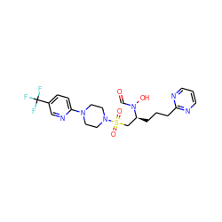 O=CN(O)[C@@H](CCCc1ncccn1)CS(=O)(=O)N1CCN(c2ccc(C(F)(F)F)cn2)CC1 ZINC000038456111