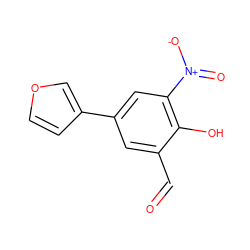 O=Cc1cc(-c2ccoc2)cc([N+](=O)[O-])c1O ZINC000169699635