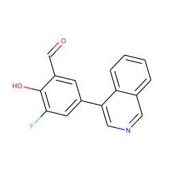 O=Cc1cc(-c2cncc3ccccc23)cc(F)c1O ZINC000169699616