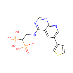 O=P(O)(O)C(CNc1ncnc2ncc(-c3ccsc3)cc12)P(=O)(O)O ZINC000299831142