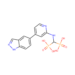 O=P(O)(O)C(Nc1cc(-c2ccc3[nH]ncc3c2)ccn1)P(=O)(O)O ZINC000084653273