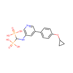 O=P(O)(O)C(Nc1cncc(-c2ccc(OC3CC3)cc2)c1)P(=O)(O)O ZINC000084739116