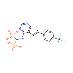 O=P(O)(O)C(Nc1ncnc2sc(-c3ccc(C(F)(F)F)cc3)cc12)P(=O)(O)O ZINC000103276784