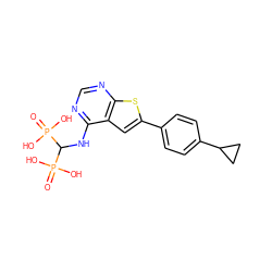 O=P(O)(O)C(Nc1ncnc2sc(-c3ccc(C4CC4)cc3)cc12)P(=O)(O)O ZINC000098209644