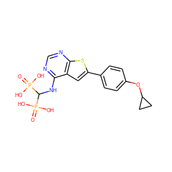 O=P(O)(O)C(Nc1ncnc2sc(-c3ccc(OC4CC4)cc3)cc12)P(=O)(O)O ZINC000103276790