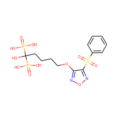 O=P(O)(O)C(O)(CCCCOc1nonc1S(=O)(=O)c1ccccc1)P(=O)(O)O ZINC000049112896