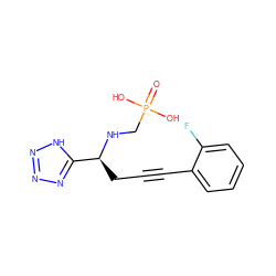 O=P(O)(O)CN[C@@H](CC#Cc1ccccc1F)c1nnn[nH]1 ZINC000013779365