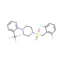 O=S(=O)(Cc1c(F)cccc1F)N1CCN(c2ncccc2C(F)(F)F)CC1 ZINC000095577787