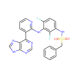 O=S(=O)(Cc1ccccc1)Nc1ccc(F)c(Nc2ncccc2-c2ncnc3[nH]cnc23)c1F ZINC000653854440
