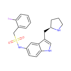 O=S(=O)(Cc1ccccc1I)Nc1ccc2[nH]cc(C[C@H]3CCCN3)c2c1 ZINC000095607884