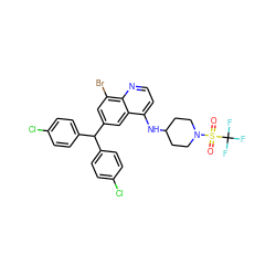 O=S(=O)(N1CCC(Nc2ccnc3c(Br)cc(C(c4ccc(Cl)cc4)c4ccc(Cl)cc4)cc23)CC1)C(F)(F)F ZINC001772605283