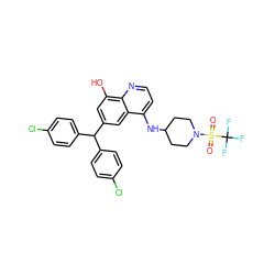 O=S(=O)(N1CCC(Nc2ccnc3c(O)cc(C(c4ccc(Cl)cc4)c4ccc(Cl)cc4)cc23)CC1)C(F)(F)F ZINC001772653259