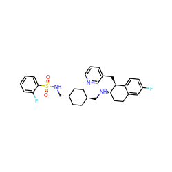 O=S(=O)(NC[C@H]1CC[C@H](CN[C@H]2CCc3cc(F)ccc3[C@@H]2Cc2cccnc2)CC1)c1ccccc1F ZINC000257809458