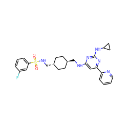 O=S(=O)(NC[C@H]1CC[C@H](CNc2cc(-c3ccccn3)nc(NC3CC3)n2)CC1)c1cccc(F)c1 ZINC000299835149