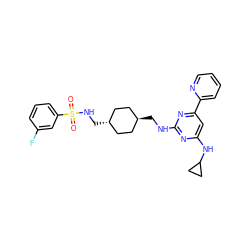 O=S(=O)(NC[C@H]1CC[C@H](CNc2nc(NC3CC3)cc(-c3ccccn3)n2)CC1)c1cccc(F)c1 ZINC000299839838