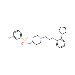 O=S(=O)(NC1CCN(CCOc2ccccc2C2CCCC2)CC1)c1cccc(Cl)c1 ZINC000653698645