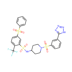 O=S(=O)(NC1CCN(S(=O)(=O)c2cccc(-c3nnn[nH]3)c2)CC1)c1cc(S(=O)(=O)c2ccccc2)ccc1C(F)(F)F ZINC000049746818