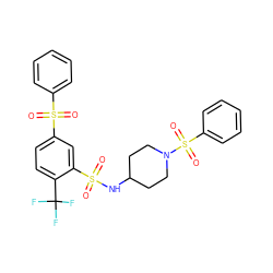 O=S(=O)(NC1CCN(S(=O)(=O)c2ccccc2)CC1)c1cc(S(=O)(=O)c2ccccc2)ccc1C(F)(F)F ZINC000049756043