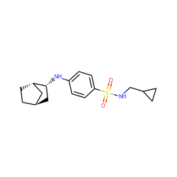 O=S(=O)(NCC1CC1)c1ccc(N[C@@H]2C[C@H]3CC[C@H]2C3)cc1 ZINC001772593785