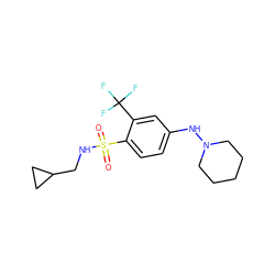 O=S(=O)(NCC1CC1)c1ccc(NN2CCCCC2)cc1C(F)(F)F ZINC000043197147