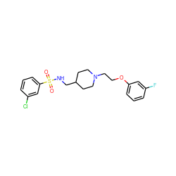 O=S(=O)(NCC1CCN(CCOc2cccc(F)c2)CC1)c1cccc(Cl)c1 ZINC000095573180