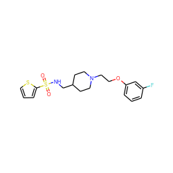 O=S(=O)(NCC1CCN(CCOc2cccc(F)c2)CC1)c1cccs1 ZINC000095574377