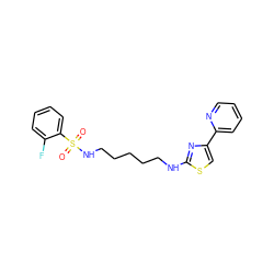 O=S(=O)(NCCCCCNc1nc(-c2ccccn2)cs1)c1ccccc1F ZINC000073196432