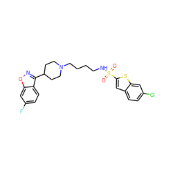 O=S(=O)(NCCCCN1CCC(c2noc3cc(F)ccc23)CC1)c1cc2ccc(Cl)cc2s1 ZINC000114599672