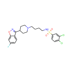 O=S(=O)(NCCCCN1CCC(c2noc3cc(F)ccc23)CC1)c1ccc(Cl)c(Cl)c1 ZINC000114601350