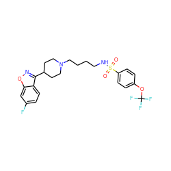 O=S(=O)(NCCCCN1CCC(c2noc3cc(F)ccc23)CC1)c1ccc(OC(F)(F)F)cc1 ZINC000114600619